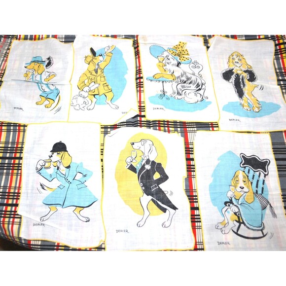 Accessories - 1940 Depler Cocktail Napkins Set of Seven Anthropomorphic Dogs Very Rare
